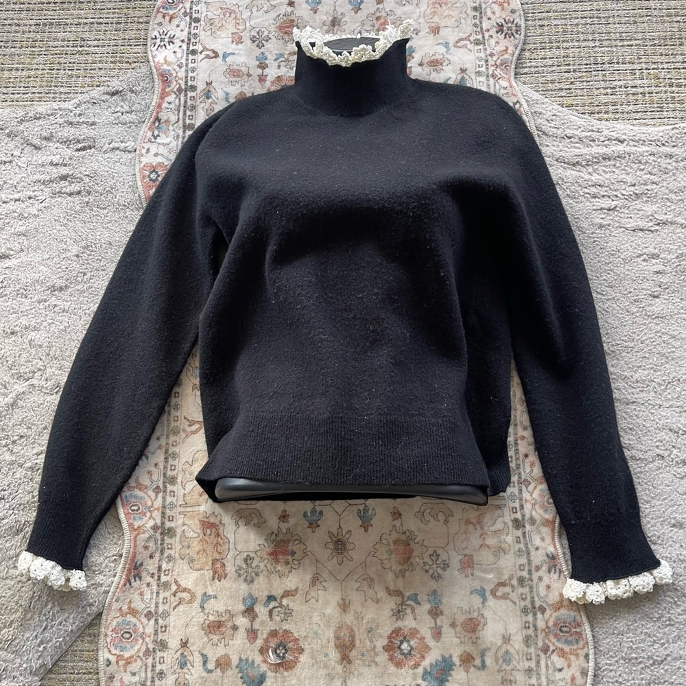Celine Black Turtleneck Sweater with Lace Accents